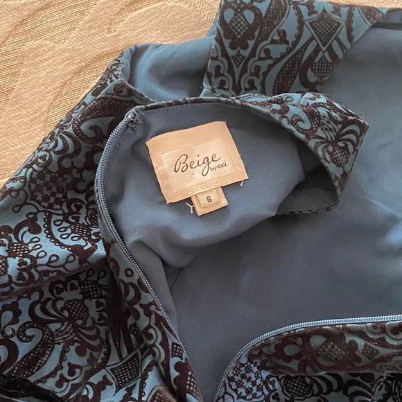 Beige by ECI Teal Black Velvet Scroll A-Line Fit & Flare  Dress Size 6 - Picture 9 of 11